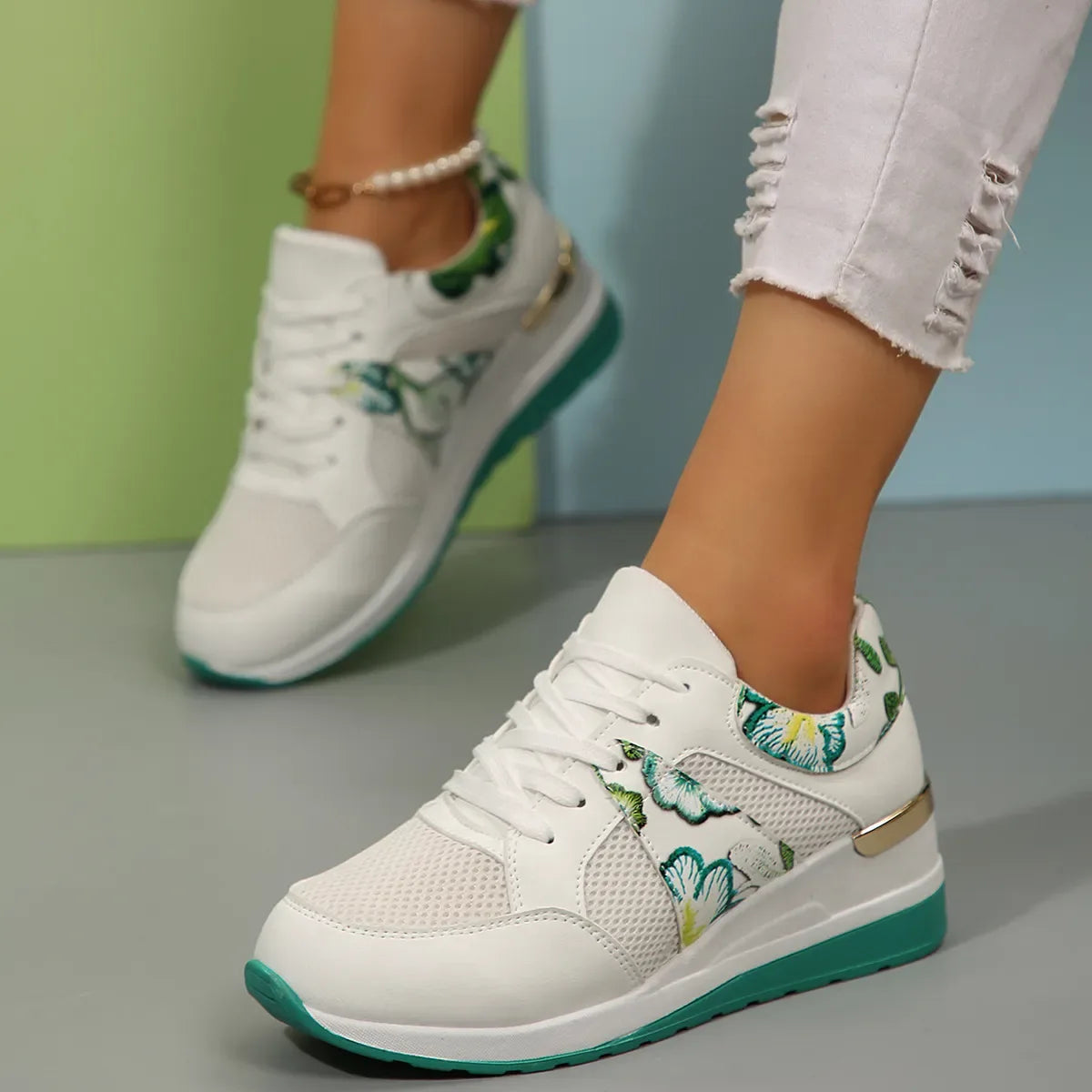 Floral Mesh Wedge Athletic - Makw Official Site