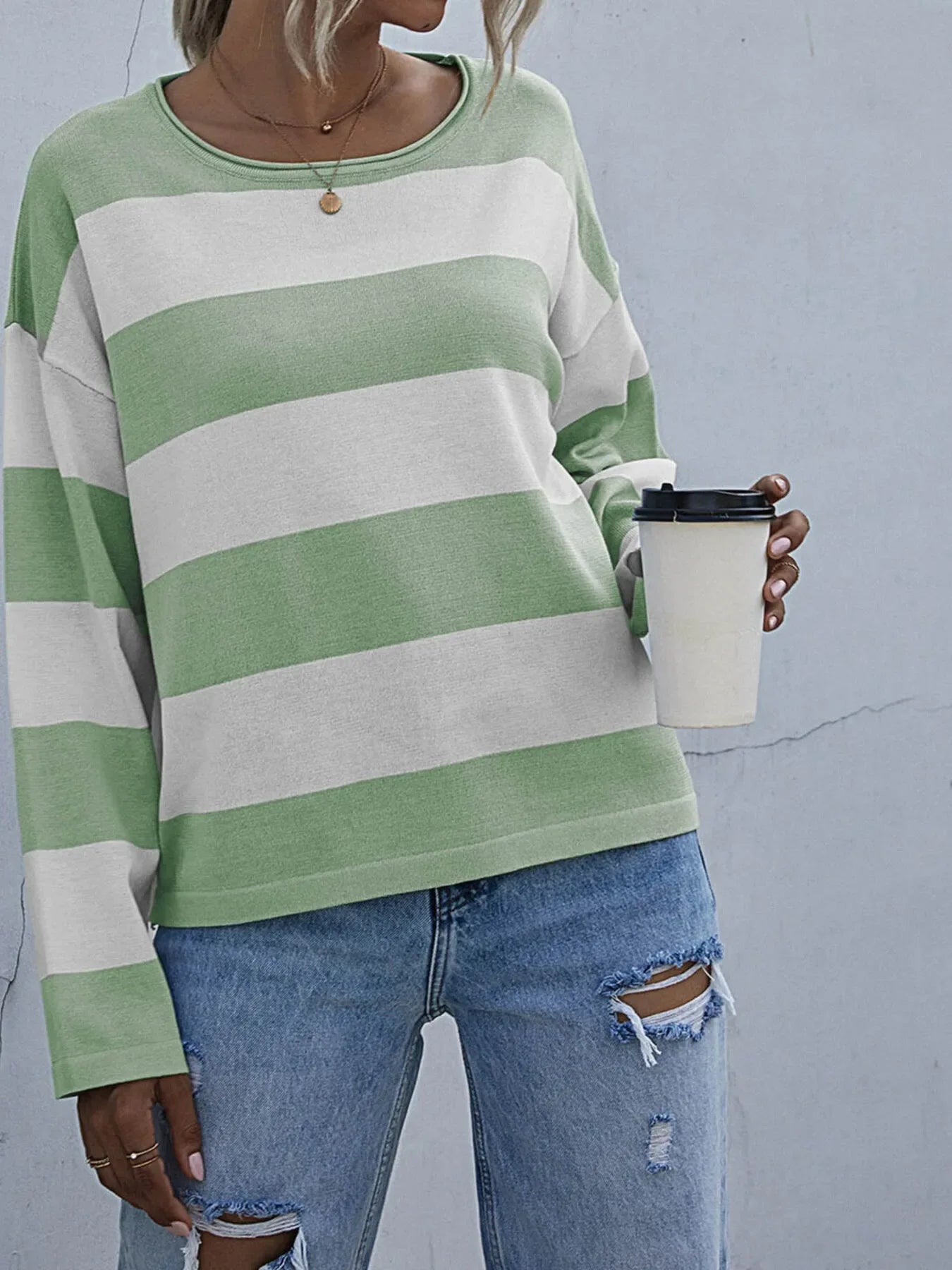 Striped Casual Long Sleeve Knit Top - Makw Official Site