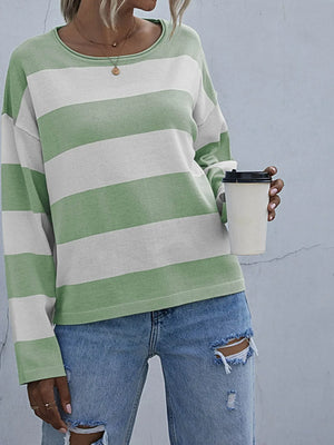 Striped Casual Long Sleeve Knit Top - Makw Official Site