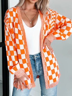 Checkered Pattern Open Front Cardigan - Makw Official Site