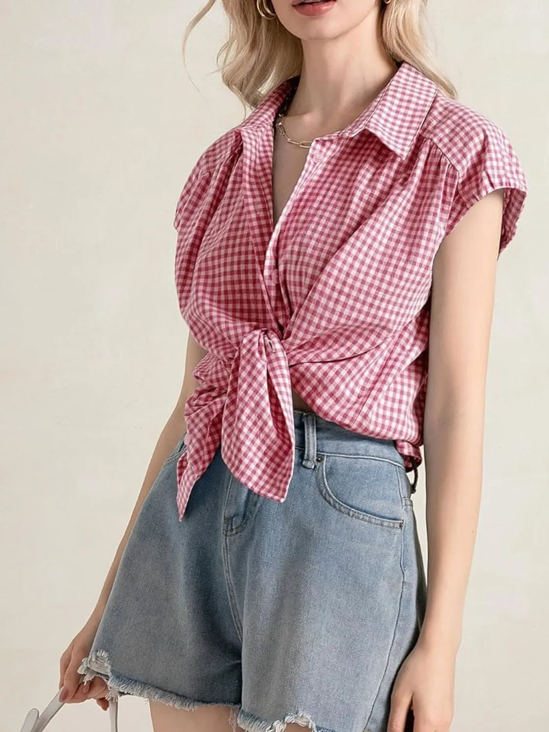 Plaid Button Up Cap Sleeve Shirt - Makw Official Site