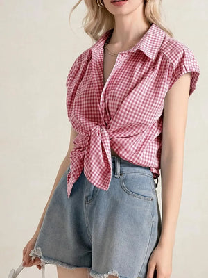 Plaid Button Up Cap Sleeve Shirt - Makw Official Site