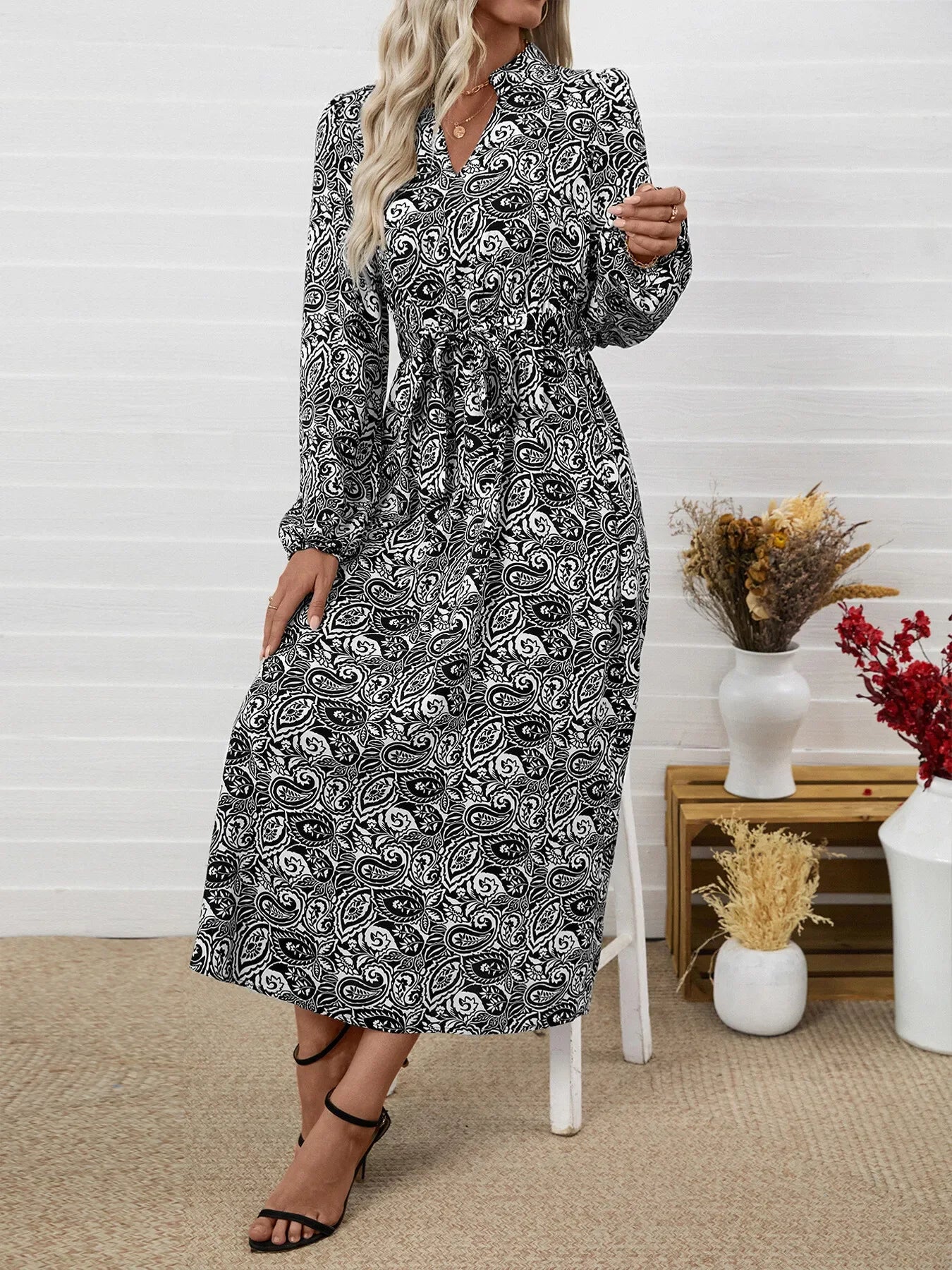 Paisley Print Long Sleeve Midi Dress - Makw Official Site