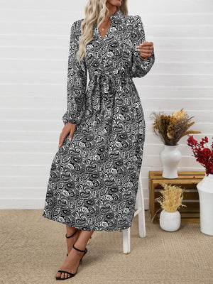 Paisley Print Long Sleeve Midi Dress - Makw Official Site