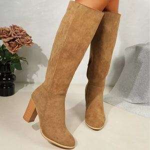 Point Toe Knee-High Suede Block Heel Boots - Makw Official Site