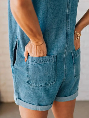 Zip Front Sleeveless Denim Romper - Makw Official Site