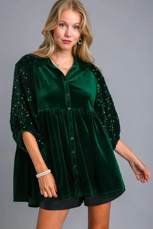 Umgee Sequin Detail Tiered Back Half Sleeve Shirt - Makw Official Site
