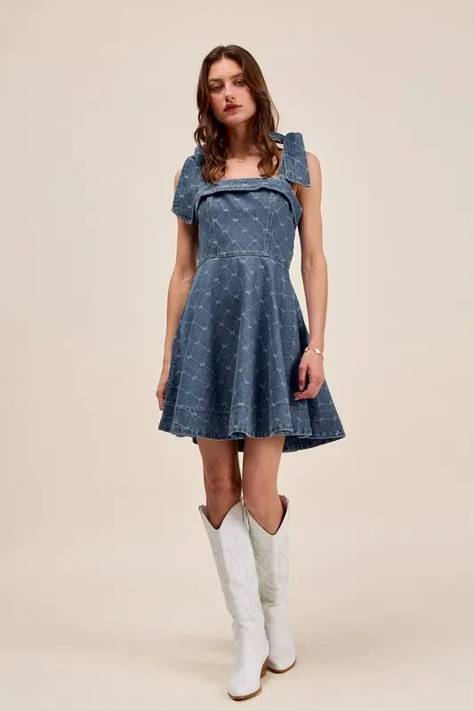 SO ME A Line Fit and Flare Diamond Bow Ribbon Denim Dres - Makw Official Site
