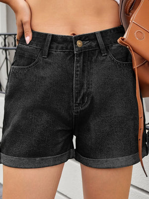 High Waist Rolled Hem Gradient Denim Shorts - Makw Official Site