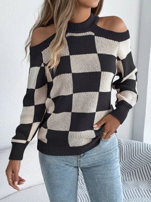 Cold Shoulder Checkered Long Sleeve Sweater - Makw Official Site