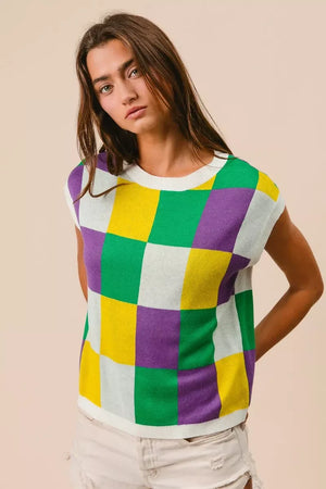 BiBi Mardi Gras Checker Pattern Sleeveless Sweater Top - Makw Official Site