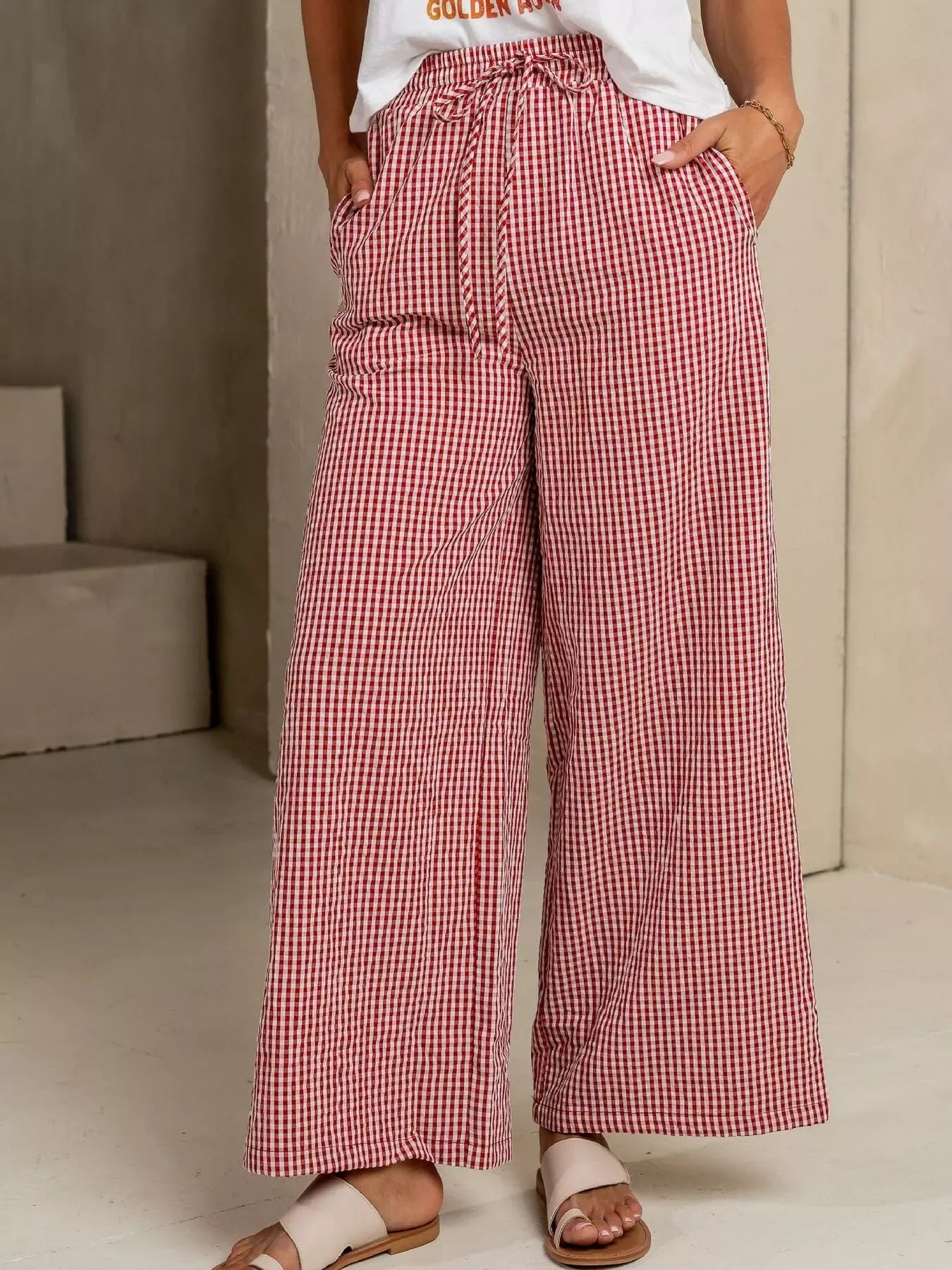 Gingham Print Wide Leg Casual Pants - Makw Official Site