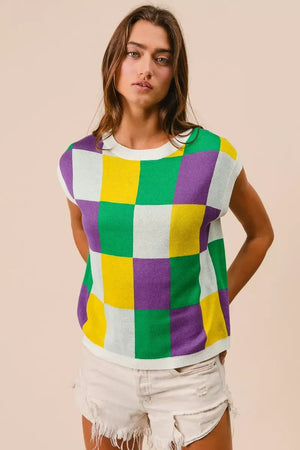 BiBi Mardi Gras Checker Pattern Sleeveless Sweater Top - Makw Official Site