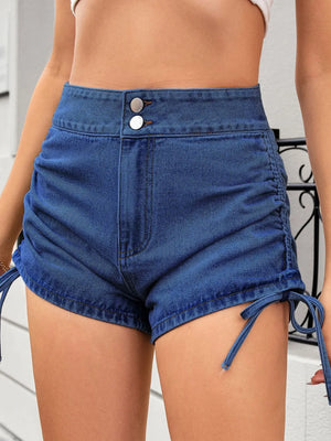 Ruched Side Drawstring Denim Shorts - Makw Official Site