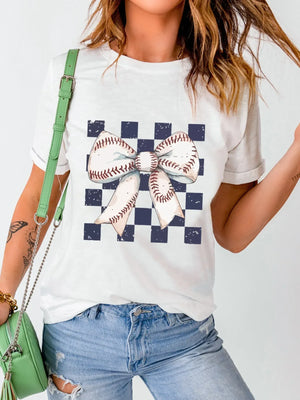 Checkered Bowknot Graphic Crew Neck T Shirt - Makw Official Site