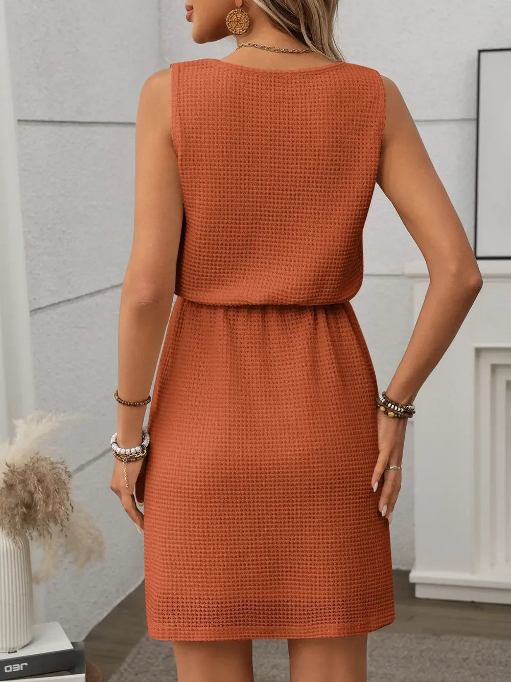 Waffle-Knit Drawstring Mini Tank Dress - Makw Official Site