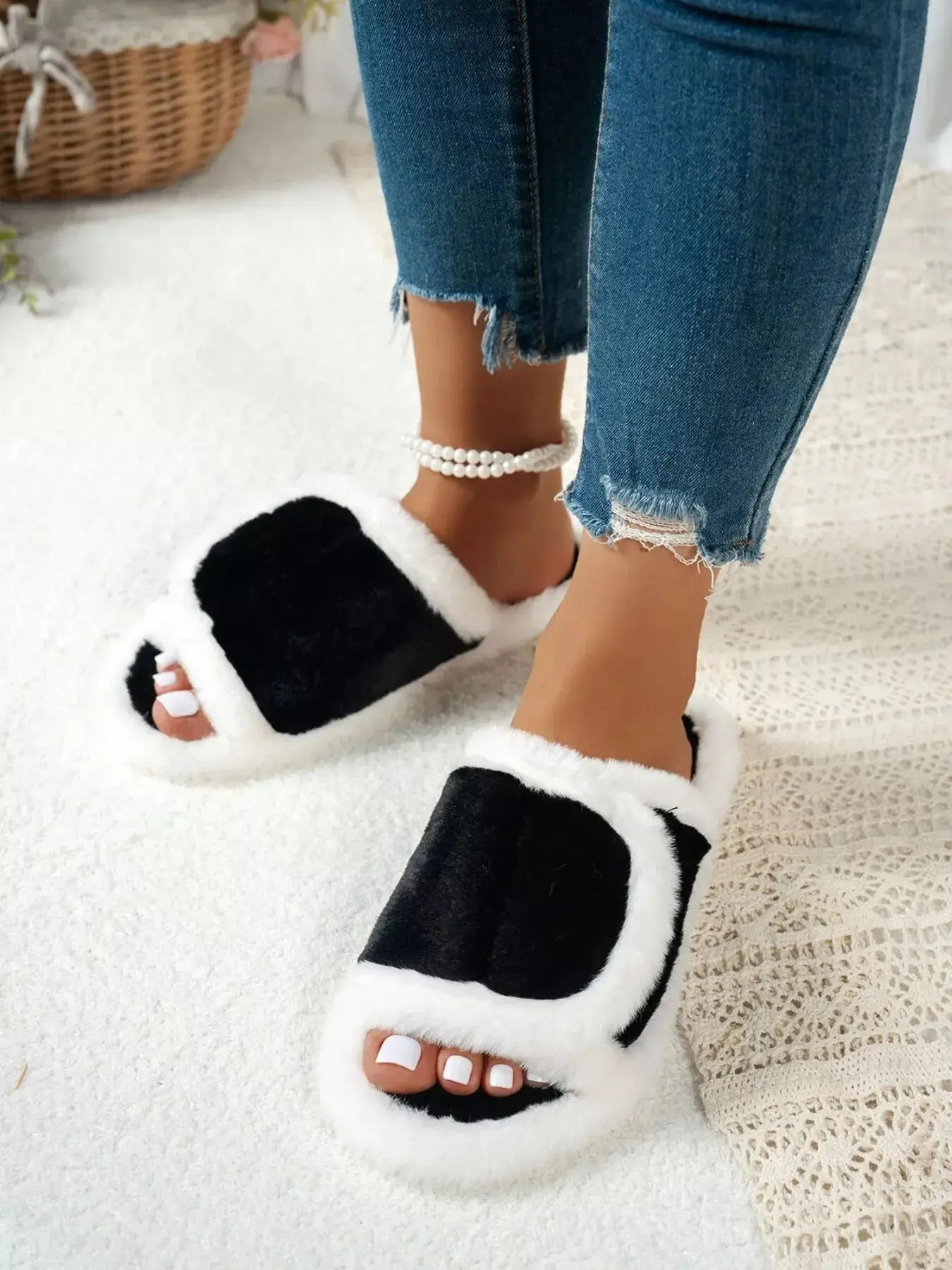 Fuzzy Open Toe Flats Slippers - Makw Official Site