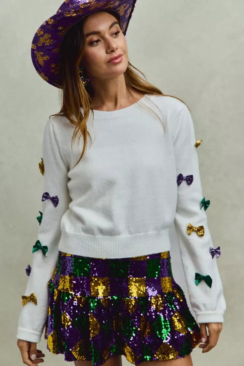 SO ME Mardi Gras Glitter Bow Ribbon Sweater Knit Top - Makw Official Site