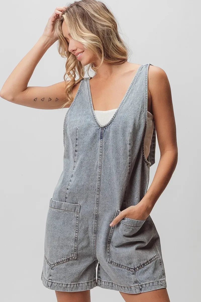 BiBi Patch Vintage Washed Denim Shortall - Makw Official Site