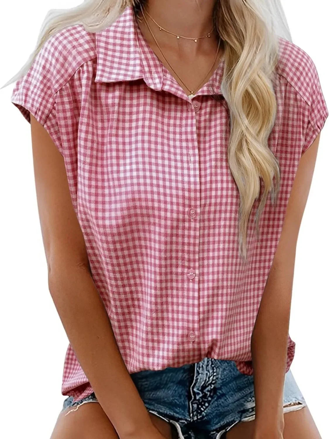 Plaid Button Up Cap Sleeve Shirt - Makw Official Site