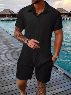 Men's Full Size Collared Neck Short Sleeve Top and Shorts Set Plus Size - Makw Official Site