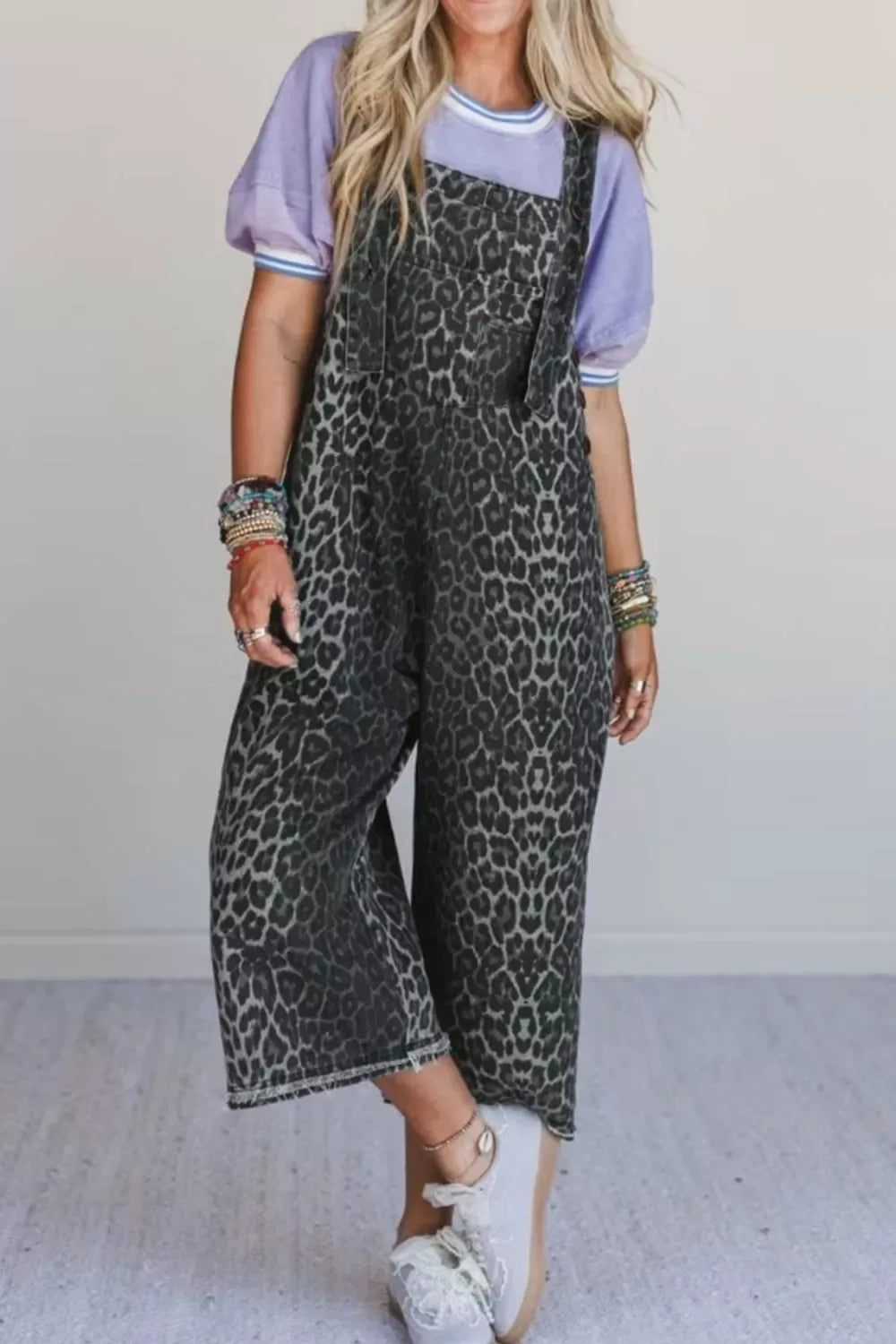 Leopard Print Button Adjustable Straps Cropped Loose Denim Overalls - Makw Official Site