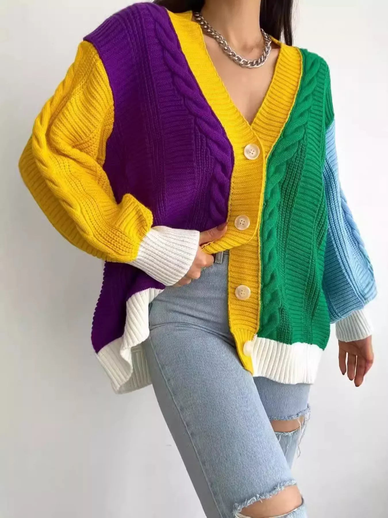 Color Block Button Down Cable-Knit Cardigan - Makw Official Site