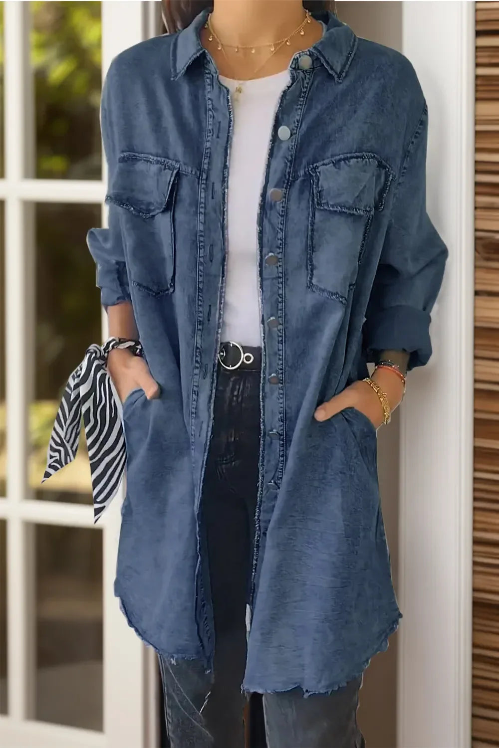Full Size Pocketed Button Up Long Sleeve Denim Jacket - Makw Official Site