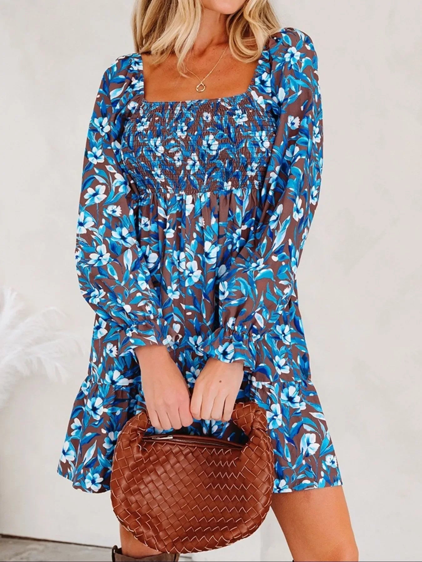 Smocked Bodice High Waist Ruffled Sleeve Floral Dress - Makw Official Site