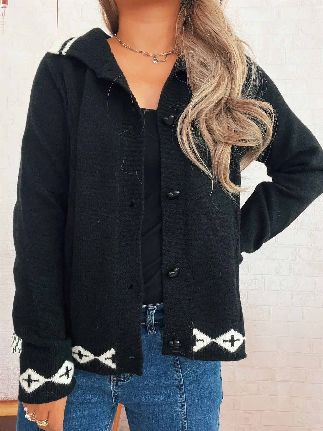 Heart Button Long Sleeve Cardigan - Makw Official Site
