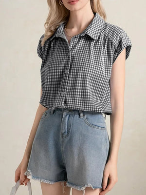 Plaid Button Up Cap Sleeve Shirt - Makw Official Site