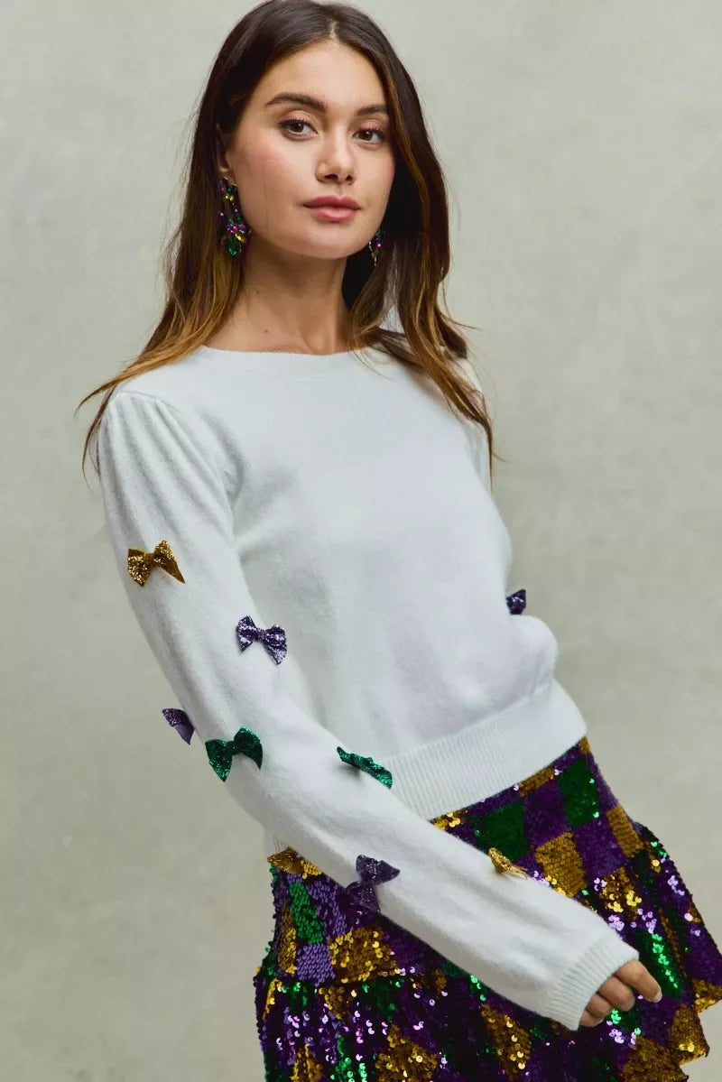 SO ME Mardi Gras Glitter Bow Ribbon Sweater Knit Top - Makw Official Site