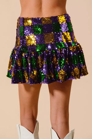 SO ME Mardi Gras Checker Sequins Mini Skirt - Makw Official Site