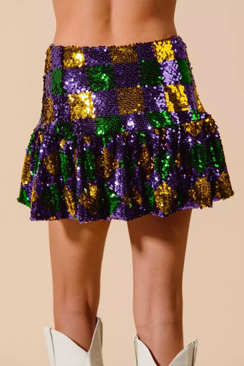 SO ME Mardi Gras Checker Sequins Mini Skirt - Makw Official Site