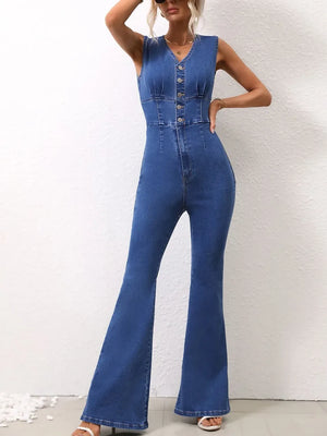 V-Neck Sleeveless Denim Jumpsuit - Makw Official Site