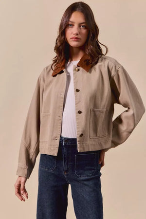 SO ME Cotton Twill Cropped Barn Jacket wtih Collar - Makw Official Site