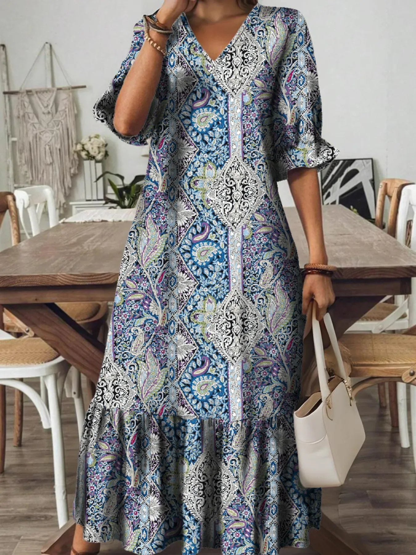 Full Size Bohemian Paisley Print V-Neck Midi Dress Plus Size - Makw Official Site