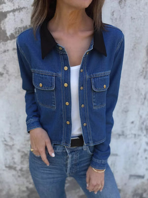 Snap Down Denim Jacket with Chest Pockets - Makw Official Site