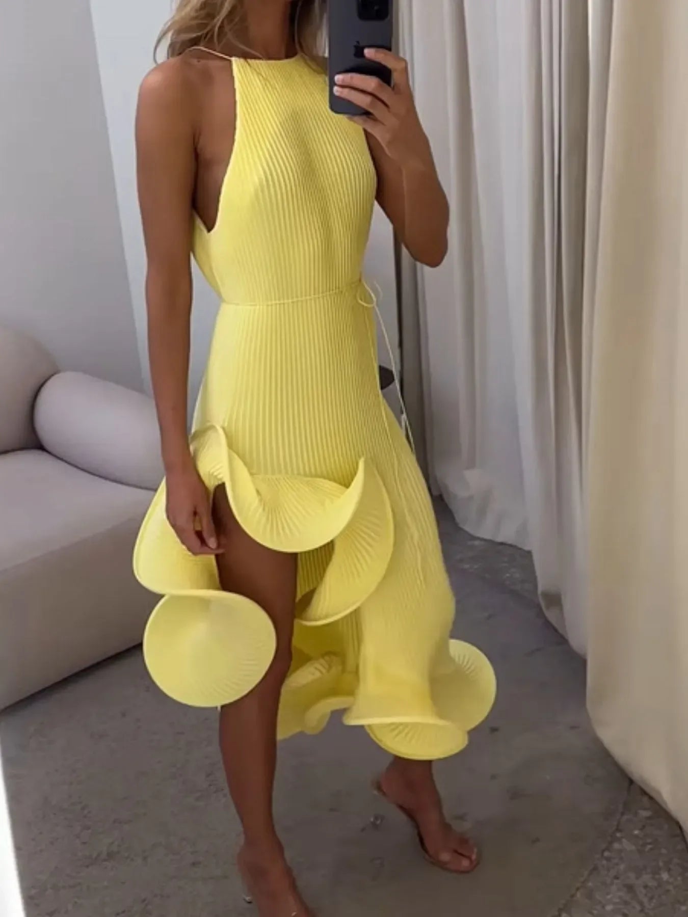 Ruffle Hem Ribbed Sleeveless Dress - Makw Official Site