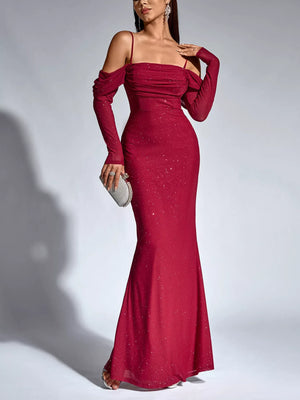 Glitter Ruched Long Sleeve Mermaid Maxi Dress - Makw Official Site