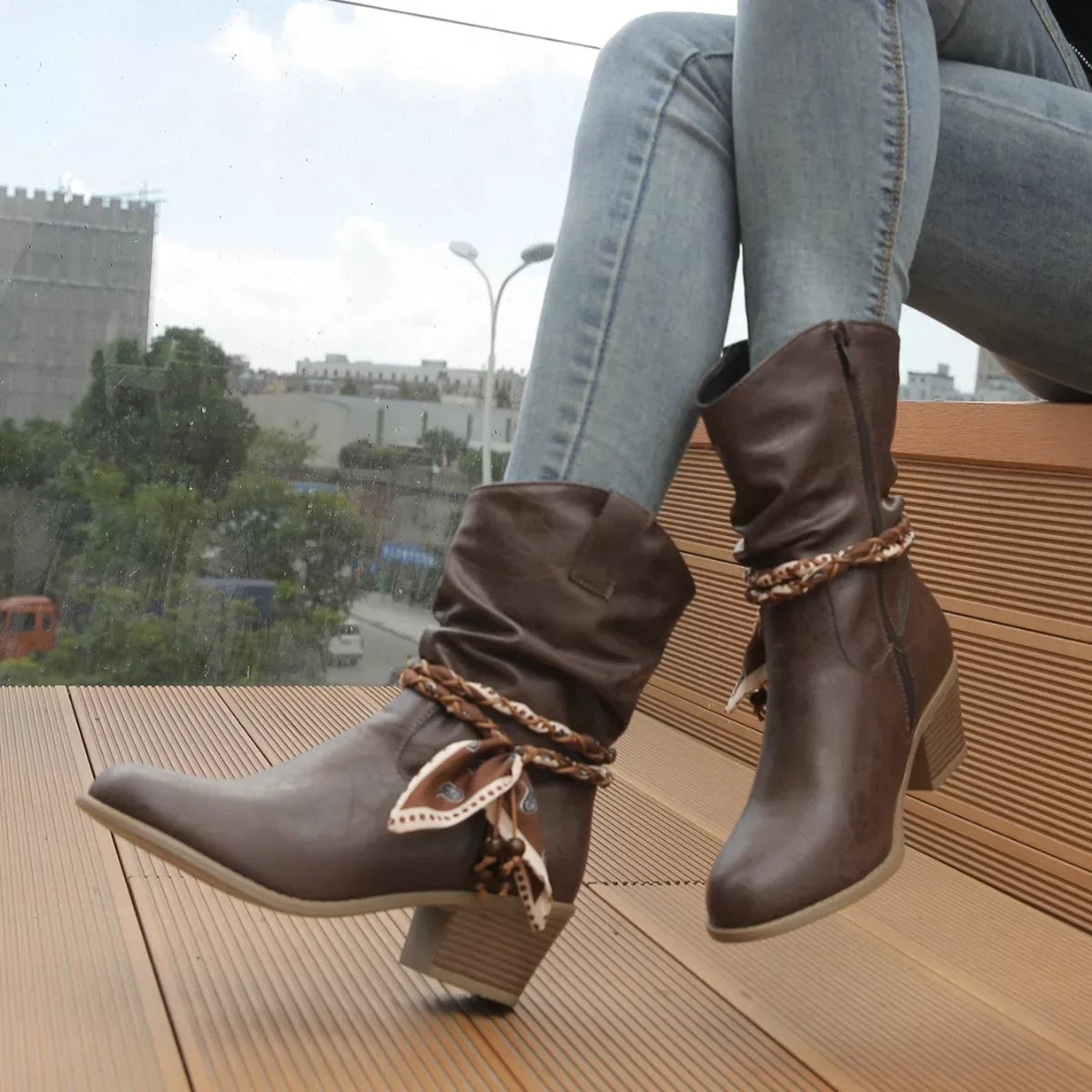 Braided Detail Western Boots with Block Heels - Makw Official Site