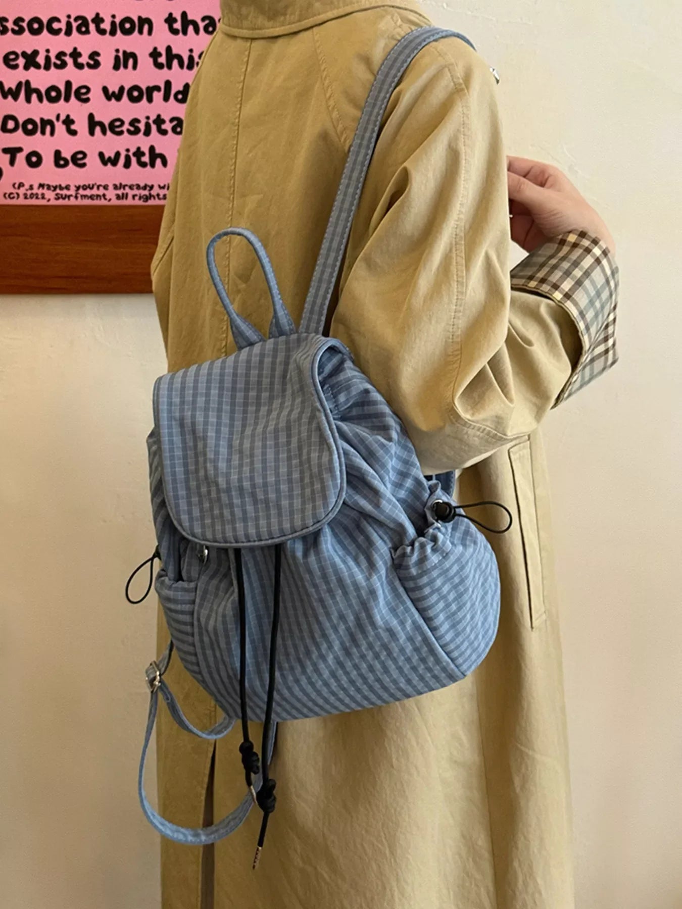 Plaid Drawstring Closure Backpack Bag - Makw Official Site