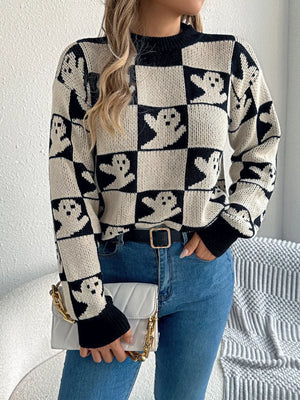 Halloween Ghost Pattern Checkered Round Neck Sweater - Makw Official Site