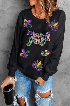 MARDI GRAS Sequin Round Neck Sweatshirt - Makw Official Site