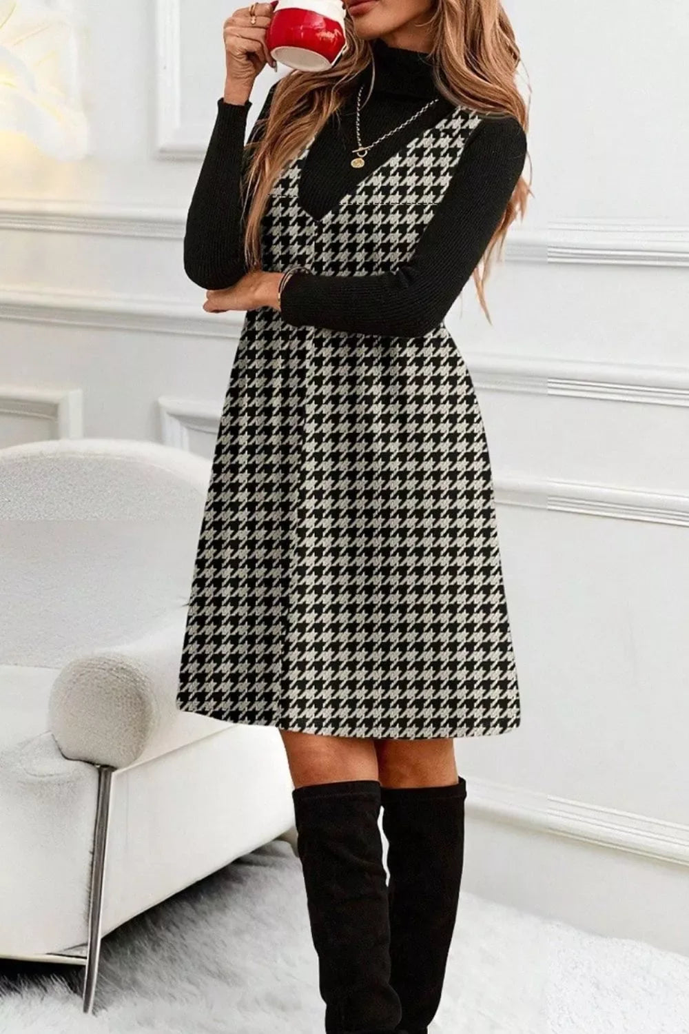 Houndstooth V-Neck Sleeveless Mini Dress - Makw Official Site