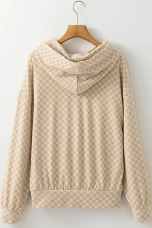 Checkered Print Kangaroo Pocket Drawstring Hoodie - Makw Official Site