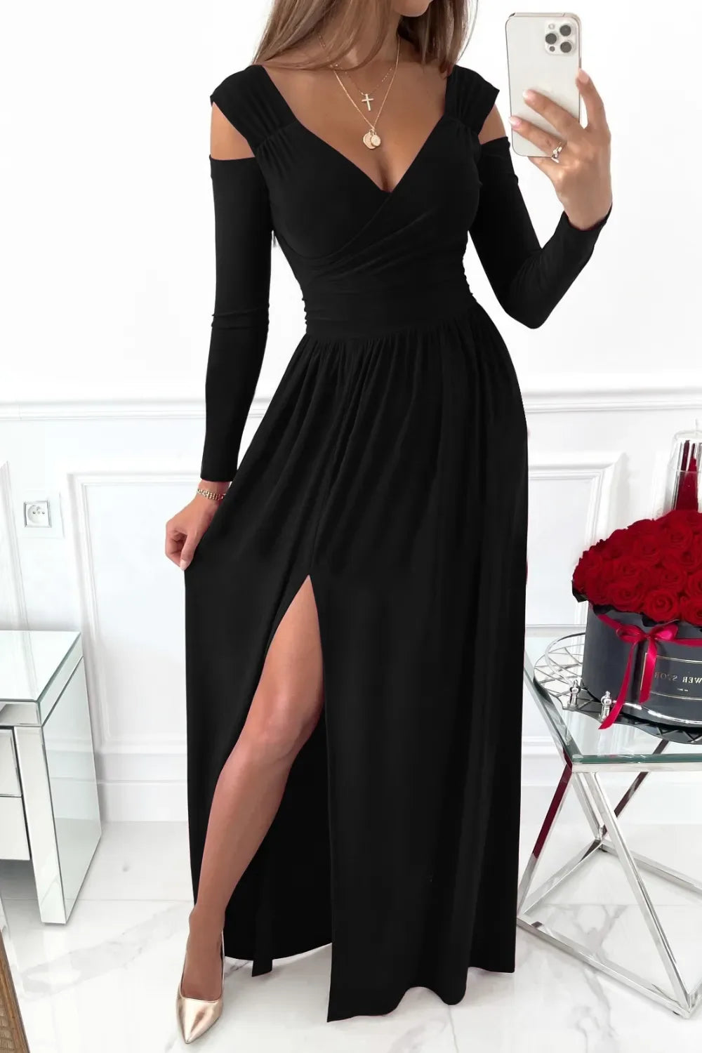 Slit Surplice Long Sleeve Maxi Dress - Makw Official Site