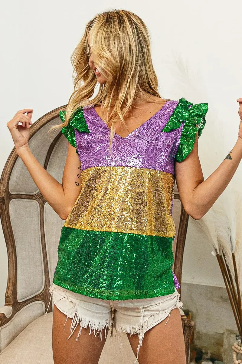 BiBi Mardi Gras Sequin Color Block Ruffled Top - Makw Official Site