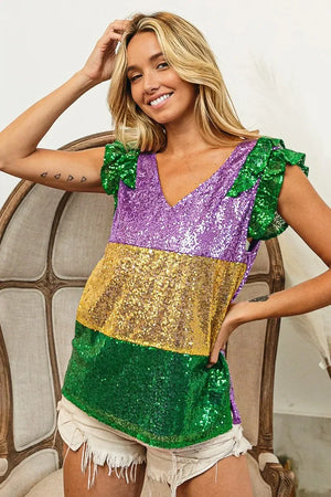 BiBi Mardi Gras Sequin Color Block Ruffled Top - Makw Official Site