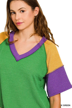Zenana Mardi Gras Raised Rib Color Block Top - Makw Official Site